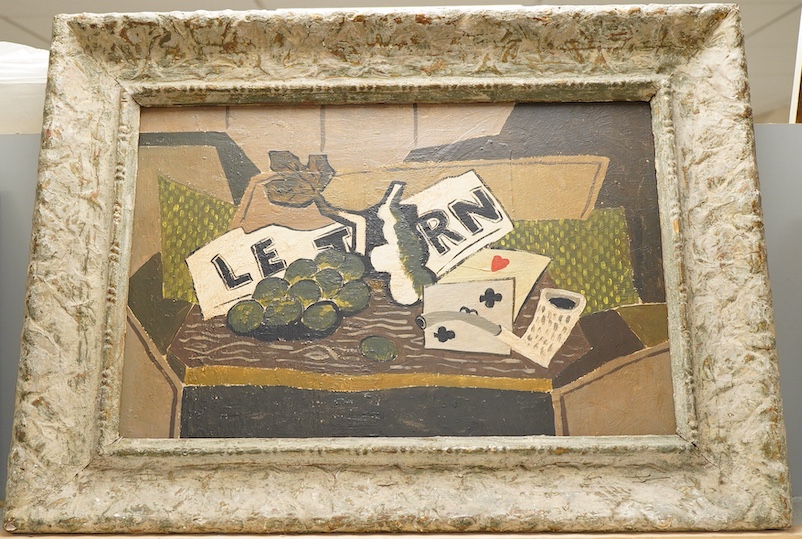 Continental School, Still life of fruit and objects, cubist oil on board, 29 x 45cm